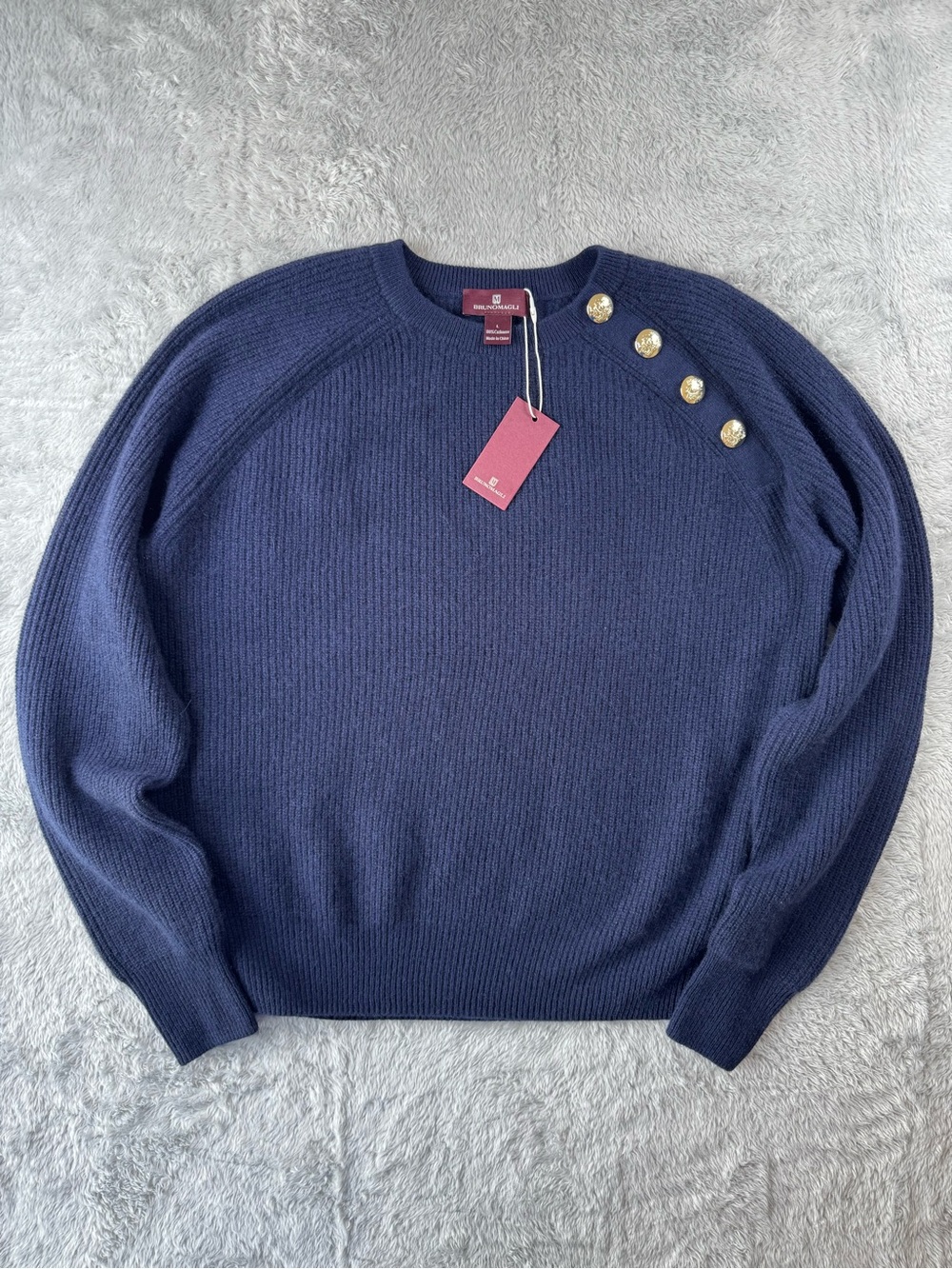 Bruno Magli Navy Crewneck Sweater with Gold Buttons